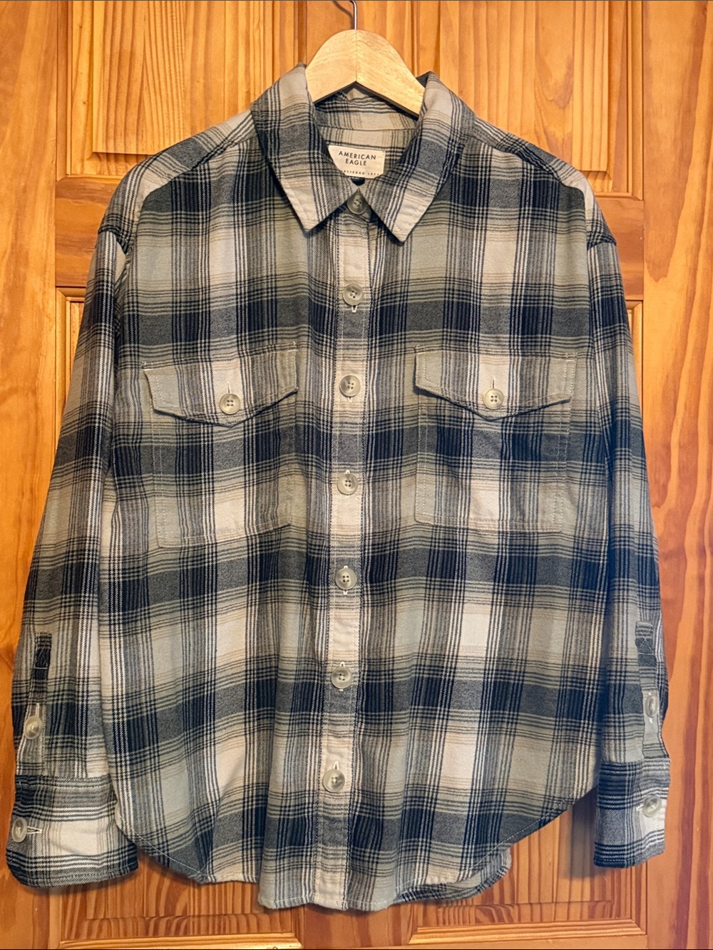 American Eagle Outfitters Navy and White Plaid Button-Down Shirt- oversized.